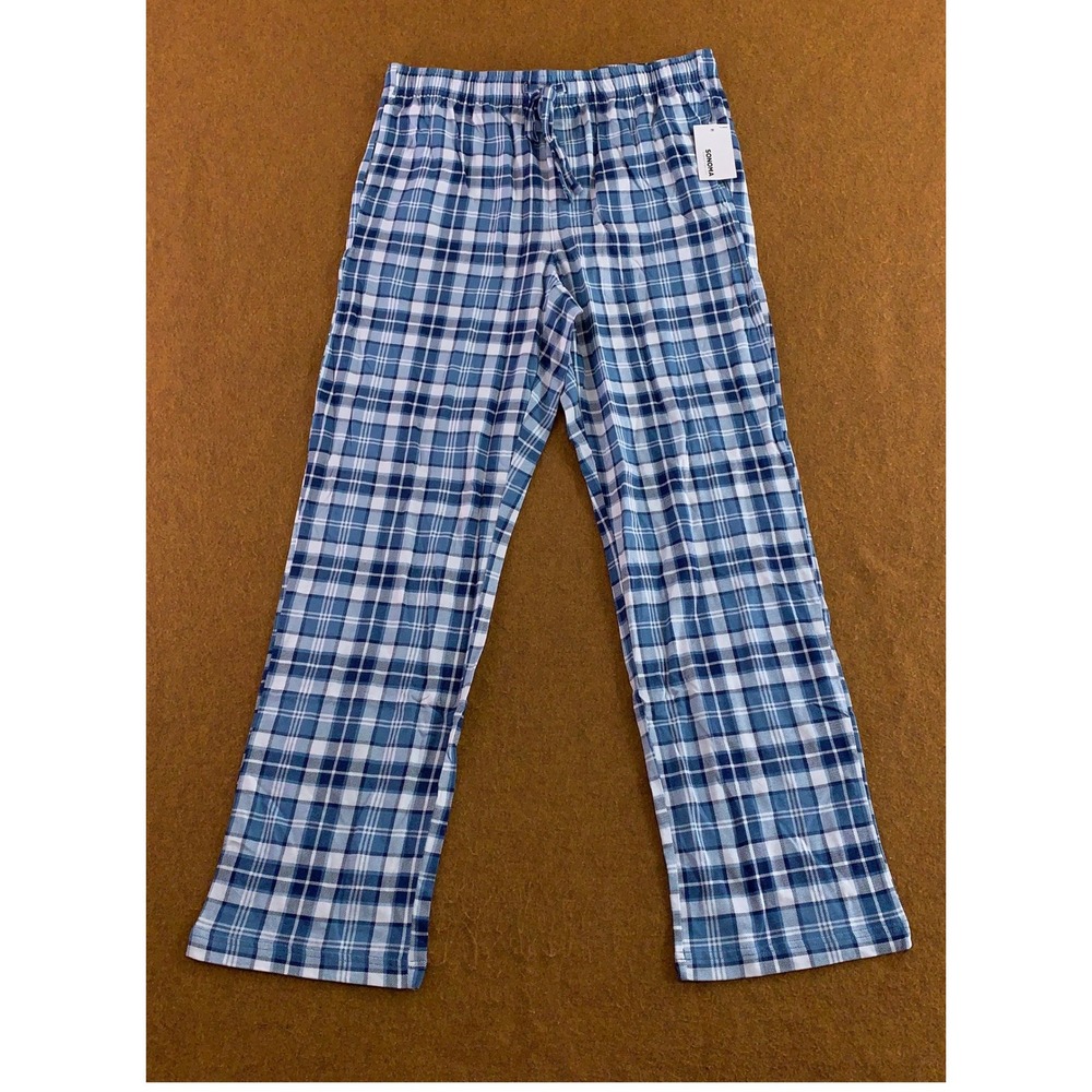 Sonoma Mens Medium Blue White Plaid Essential Cotton Pajama Pants NWT